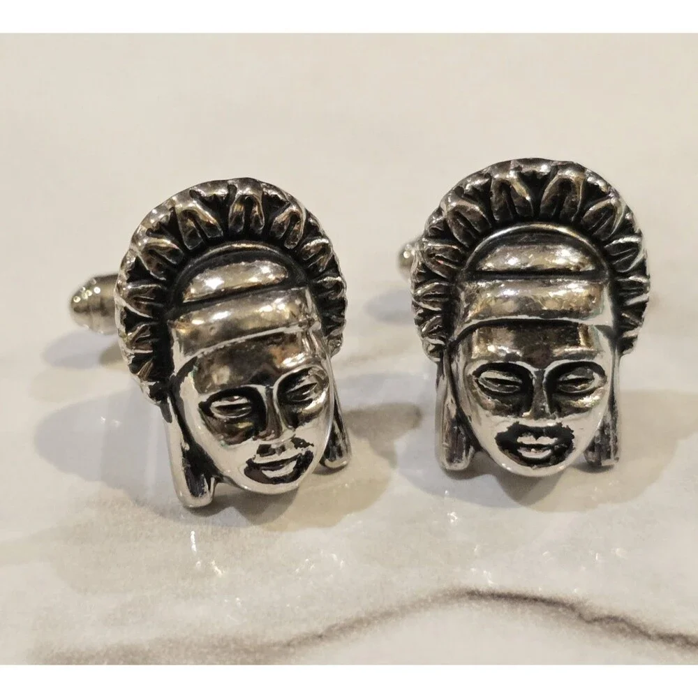 Vintage Silver Tone Warrior Face Cufflinks Tribal Mask Head Mens Cuff Links 1215